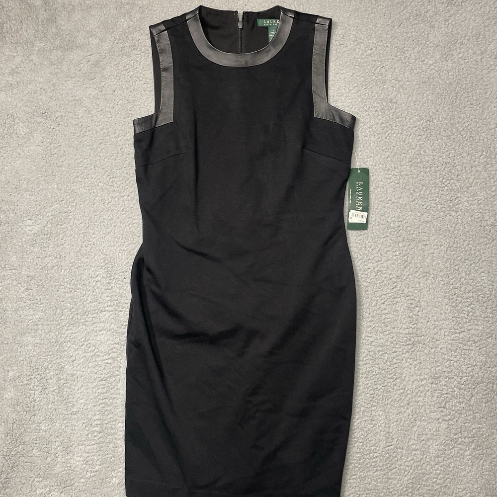 Vintage NWT Lauren Ralph Lauren black sleeveless sheath dress Leather Trim Sz 4
